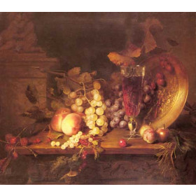 Still Life with Fruit, a Glass of Wine and a Bronze Vessel on a Ledge