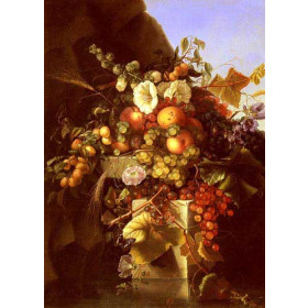 Still Life With Grapes, Peaches, Flowers And A Butterfly