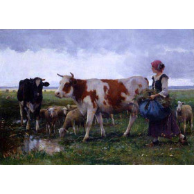 Peasant Woman with Cows & Sheep