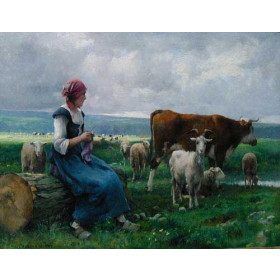 Shepherdess with Goat, Sheep and Cow