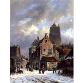 Figures In A Snowy Village Street