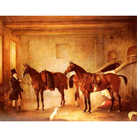 Sir John Thorolds Bay Hunters With Their Groom In A Stable