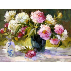 Peonies in a Black Vase