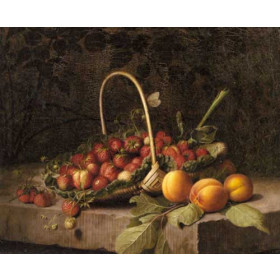 A Basket of Strawberries and Peaches on a Stone Ledge