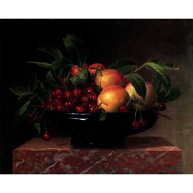 Peaches And Cherries In A Bowl On A Marble Ledge