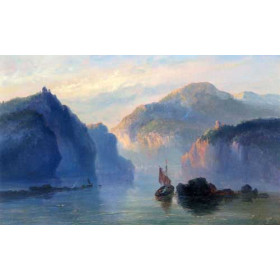 A Mountainous River Landscape With A Sailboat At Dusk