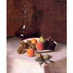 A Carafe of Wine and Plate of Fruit on a White Tablecloth