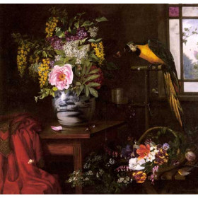 A Still Life With A Vase, Basket And Parrot