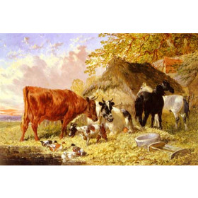 Horses, Cows, Ducks and a Goat by a Farmhouse