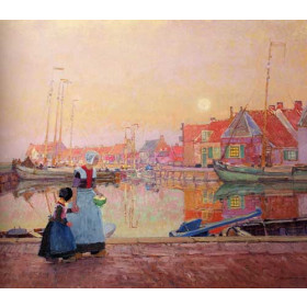 A Dutch Fishing-Village At Dusk With Figures On A Quay