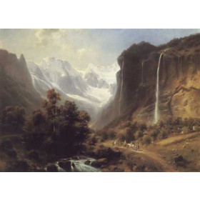 Travellers on a Mountainous Path by the Staubachfall Near Lauterbrunnen