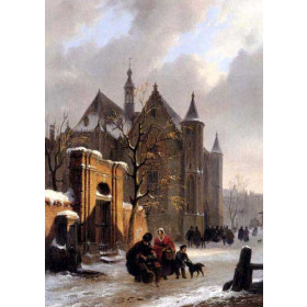 A Capricio View With Figures Leaving A Church In Winter