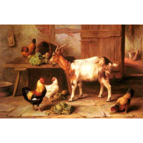 Goat and chickens feeding in a cottage interior