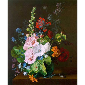 Hollyhocks and Other Flowers in a Vase