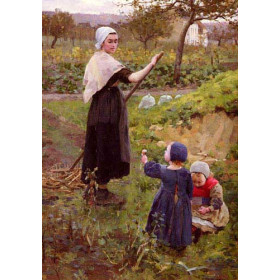 A Mother With Her Daughters In The Kitchen Garden