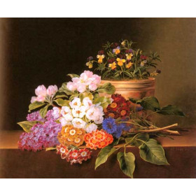 Apple Blossoms, Lilac, Violas, Cornflowers and Primroses on a Ledge