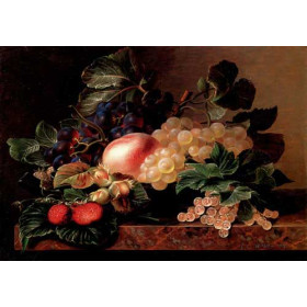 Grapes, Strawberries, a Peach, Hazelnuts and Berries in a Bowl on a marble Ledge