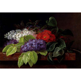 White and purple Lilacs, Camellia and Beech Leaves on a marble Ledge