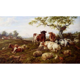 Resting Cattle, Sheep And Deer, A Farm Beyond