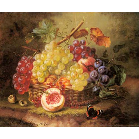 A Still Life with Grapes, Peaches and a Butterfly on a Mossy Bank