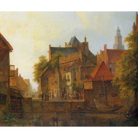 View of a town with a blacksmith at work on a quay