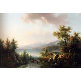 A Wooded Hilly Landscape With Travellers On A Track Near A Lake