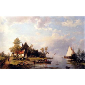 A River Landscape With A Ferry And Figures Mending A Boat