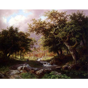 A Wooded Landscape With Figures Along A Stream