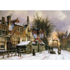 A Townview with Figures on a Snow Covered Street