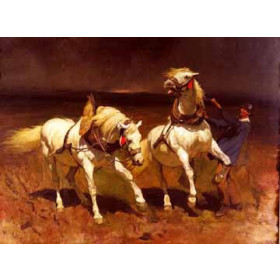 Pair of horses in the approaching thunderstorm