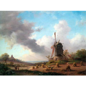 Summer Landscape with Harvesting Farmers