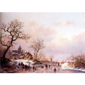 Townsfolk skating on a frozen waterway near a fortified mansion at dusk