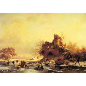 Winter Landscape with Skaters on a Frozen River beside Castle Ruins