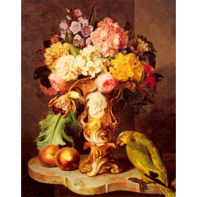 A Still Life with a Vase of Assorted Flowers, Peaches and a Parrot on a Marble Ledge