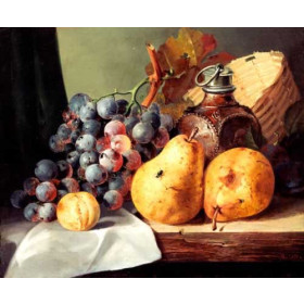 Pears, Grapes, A Greengage, Plums A Stoneware Flask And A Wicker Basket On A Wooden Ledge