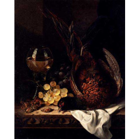 Still Life with a Pheasant, Grapes, Hazelnuts and a Hock Glass on a wooden Ledge