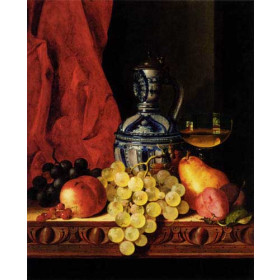 Still Life With Grapes, A Peach, Plums And A Pear On A Table With A Wine Glass And A Flask