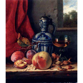 Still Life with Peaches, Whitecurrants, Hazelnuts, a Glass and a Stoneware Jug on a wooden Ledge with a Landscape beyond