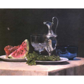 Still life study of silver, glass and fruit