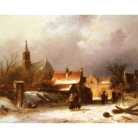 Figures on a Snow Covered Path with a Dutch Town beyond