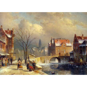 Winter Villagers on a Snowy Street by a Canal