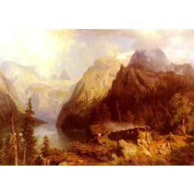 A Shepherdess and Sheep resting by a Lake in an Alpine Landscape