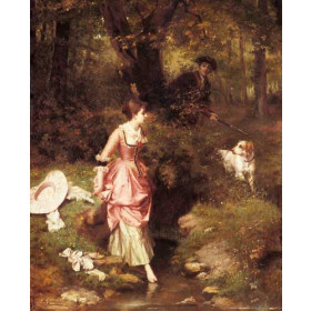 A Young Beauty Crossing a Brook with a Hunter Beyond