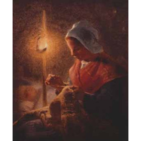 Woman Sewing by Lamplight