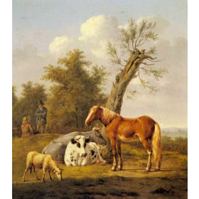 Cows, a Horse and a Sheep Resting by a Blasted Oak