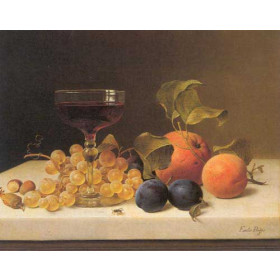 Still Life Wine Glass and Grapes Peach and Plum